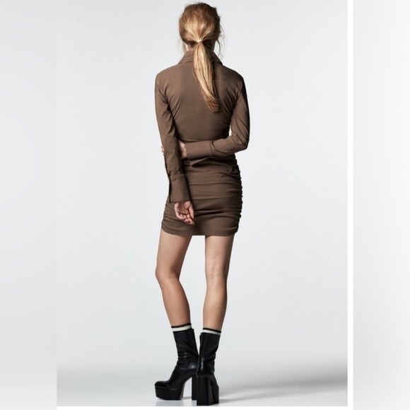 Zara Brown Long Sleeve Button Down Collared Mini Shirt Dress - Size M - Picture 2 of 6